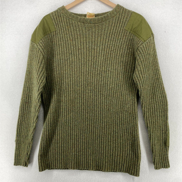 Army Commander Sweater Men M Wool Ribbed Elbow Shoulder Patch Military Green Vtg - Picture 1 of 13